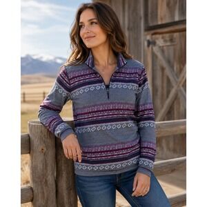 k87.Old Ranch Brands Western XL Purple Grey Fair Isle 1/4 Zip Cotton Pullover